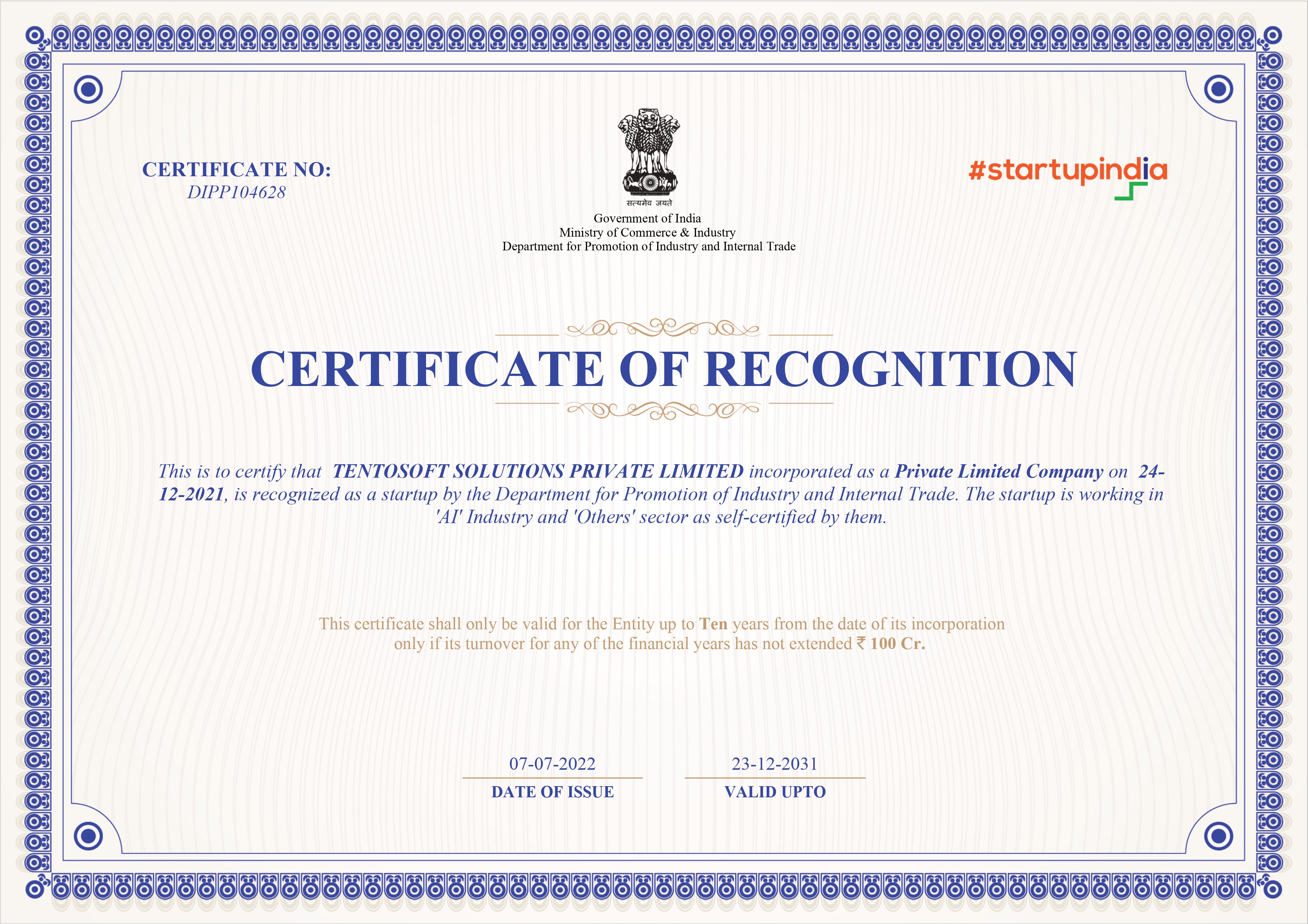Startup India DPIIT Recognition